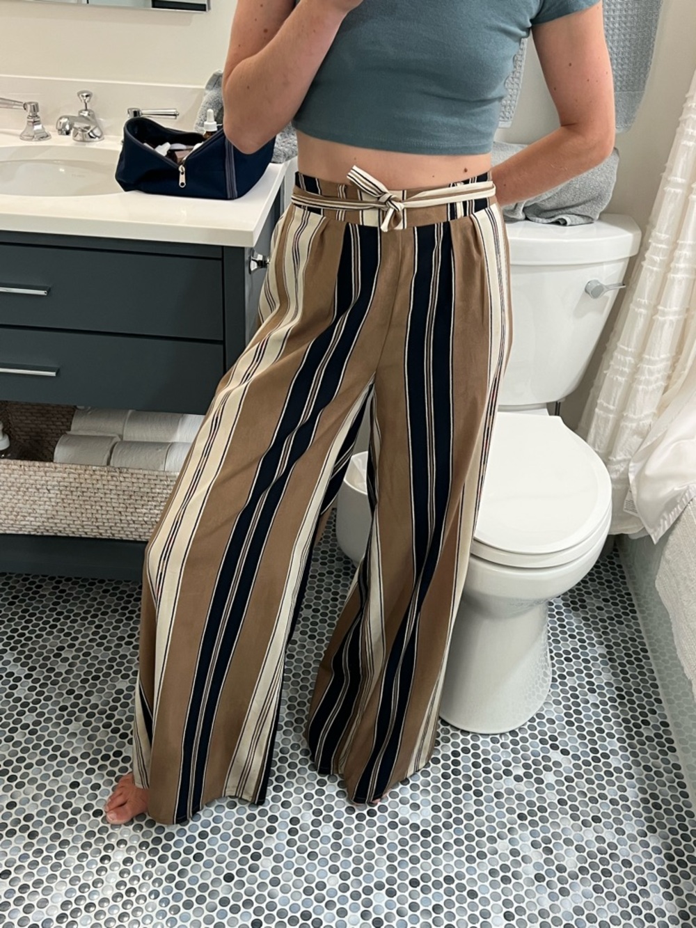 Striped Wide-Leg Paperbag Waist Pants - Brown/Black/White